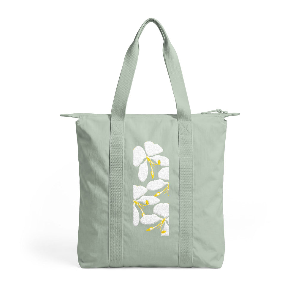 Floral Nomad Tote Bag — Black Carry-All with White & Yellow Blossom Stripe