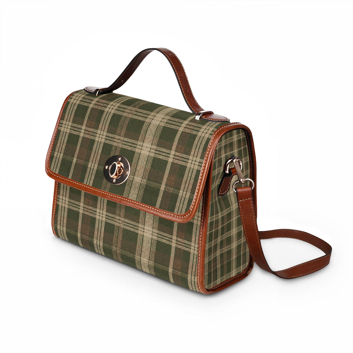 Waterproof Canvas Bag - Green Plaid Tote with Leather Trim