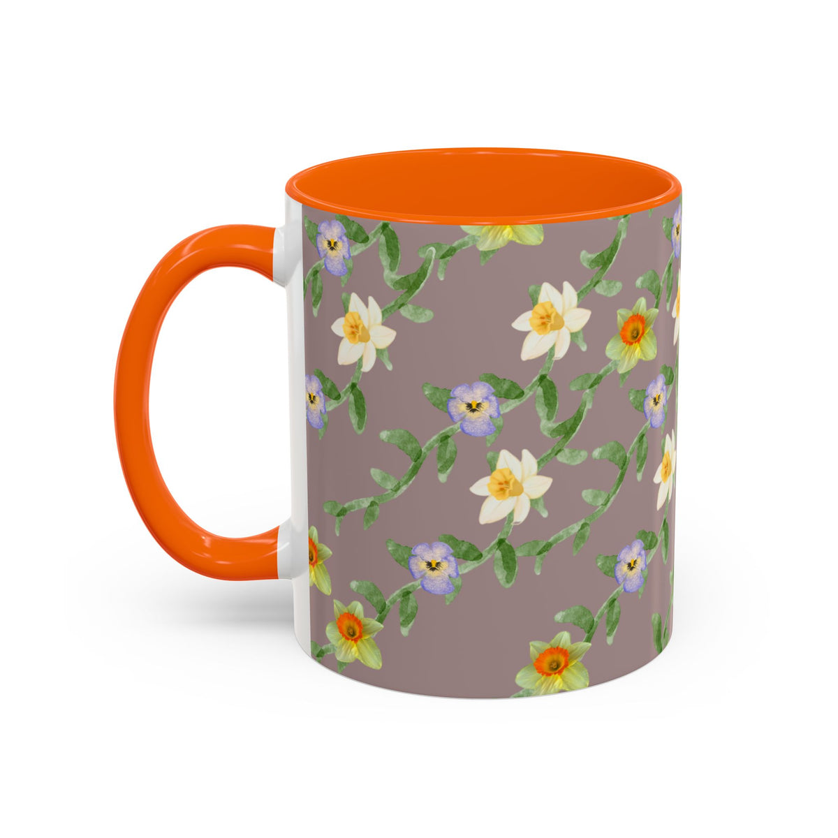 Floral Vine Accent Coffee Mug — Handpainted Daffodil & Violet Pattern (11/15oz)