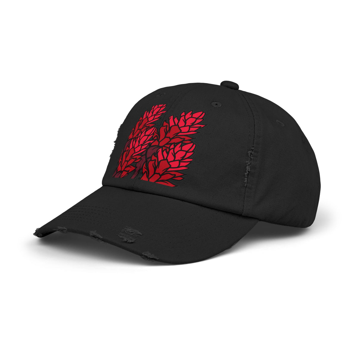 Distressed Black Cap with Red Leaf Patch — Floral Graphic Dad Hat