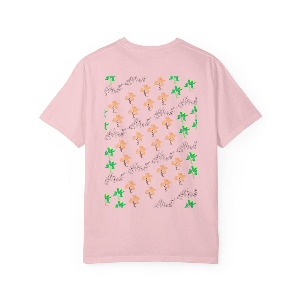 Floral Script T-Shirt — Peach Blossoms & Green Leaves Pattern