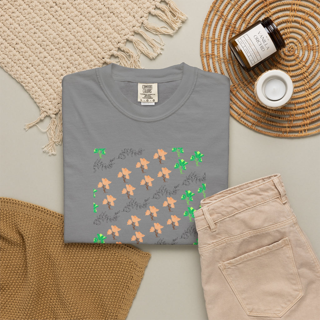 Floral Script T-Shirt — Peach Blossoms & Green Leaves Pattern