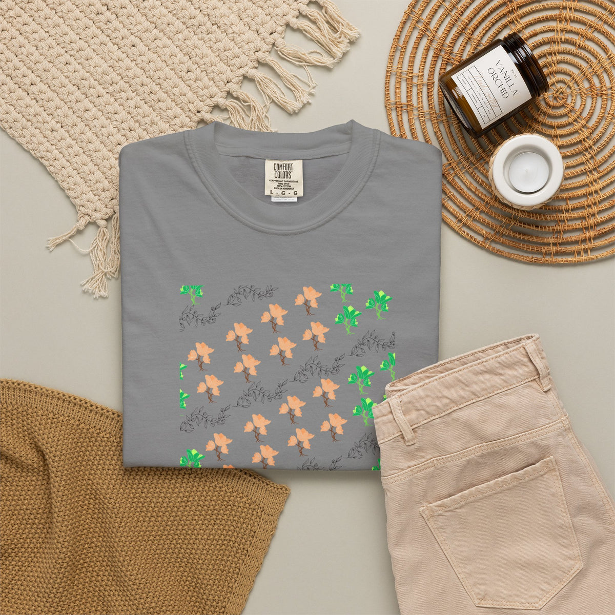 Floral Script T-Shirt — Peach Blossoms & Green Leaves Pattern