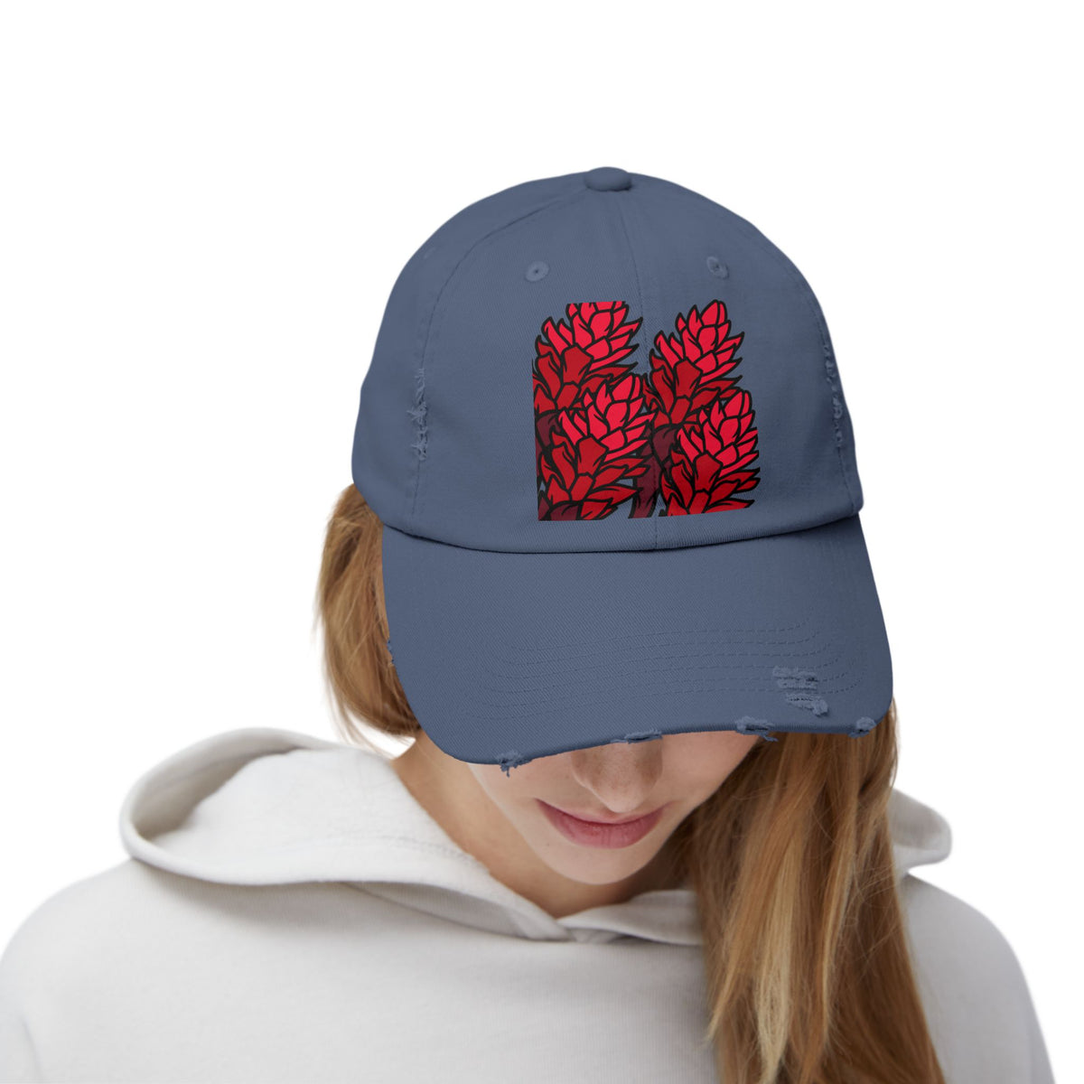 Distressed Black Cap with Red Leaf Patch — Floral Graphic Dad Hat