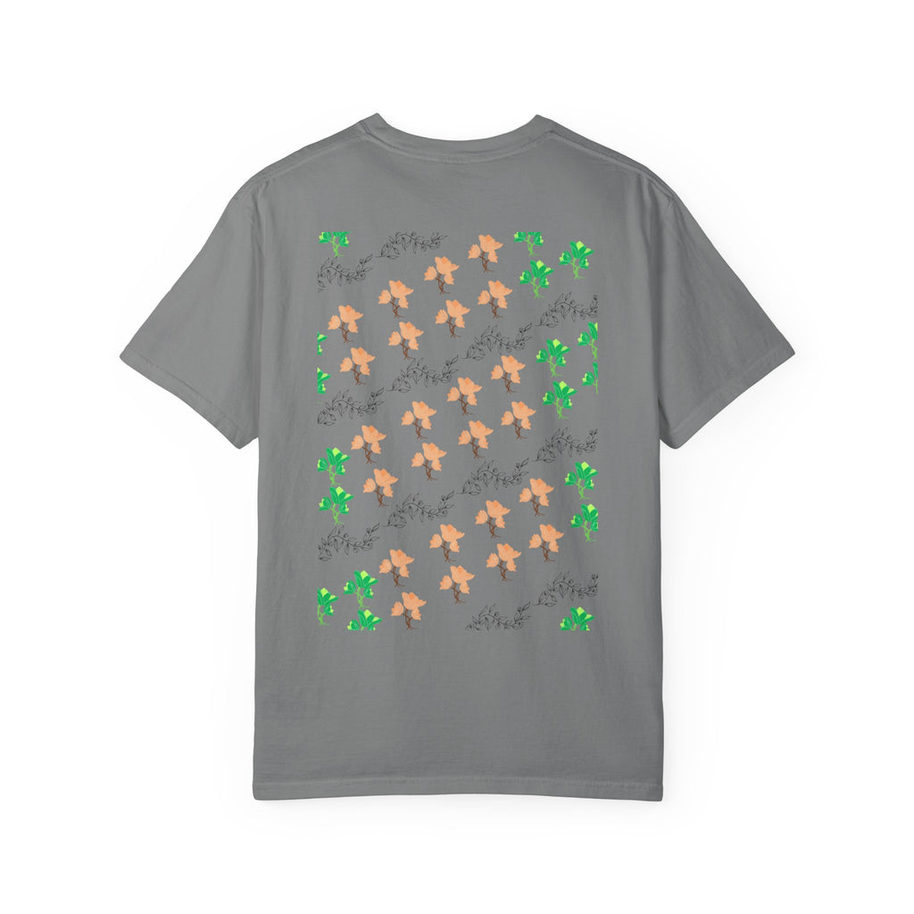 Floral Script T-Shirt — Peach Blossoms & Green Leaves Pattern