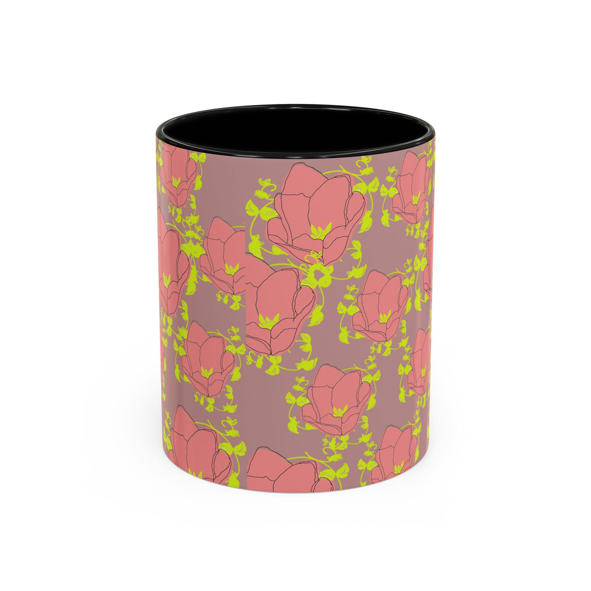 Pink Floral Accent Coffee Mug — Retro Bloom Pattern (11/15oz)