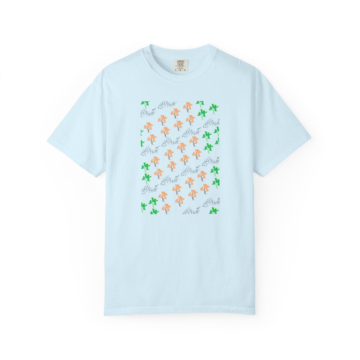 Floral Script T-Shirt — Peach Blossoms & Green Leaves Pattern