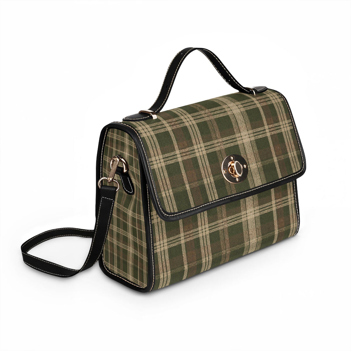 Waterproof Canvas Bag - Green Plaid Tote with Leather Trim