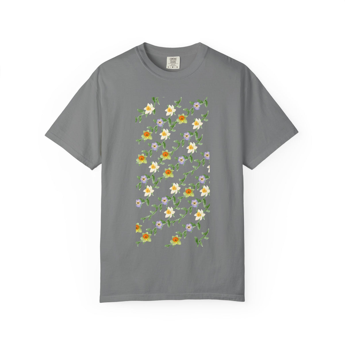 Floral Vine Pattern T-Shirt — Yellow & Purple Blossom Graphic Tee