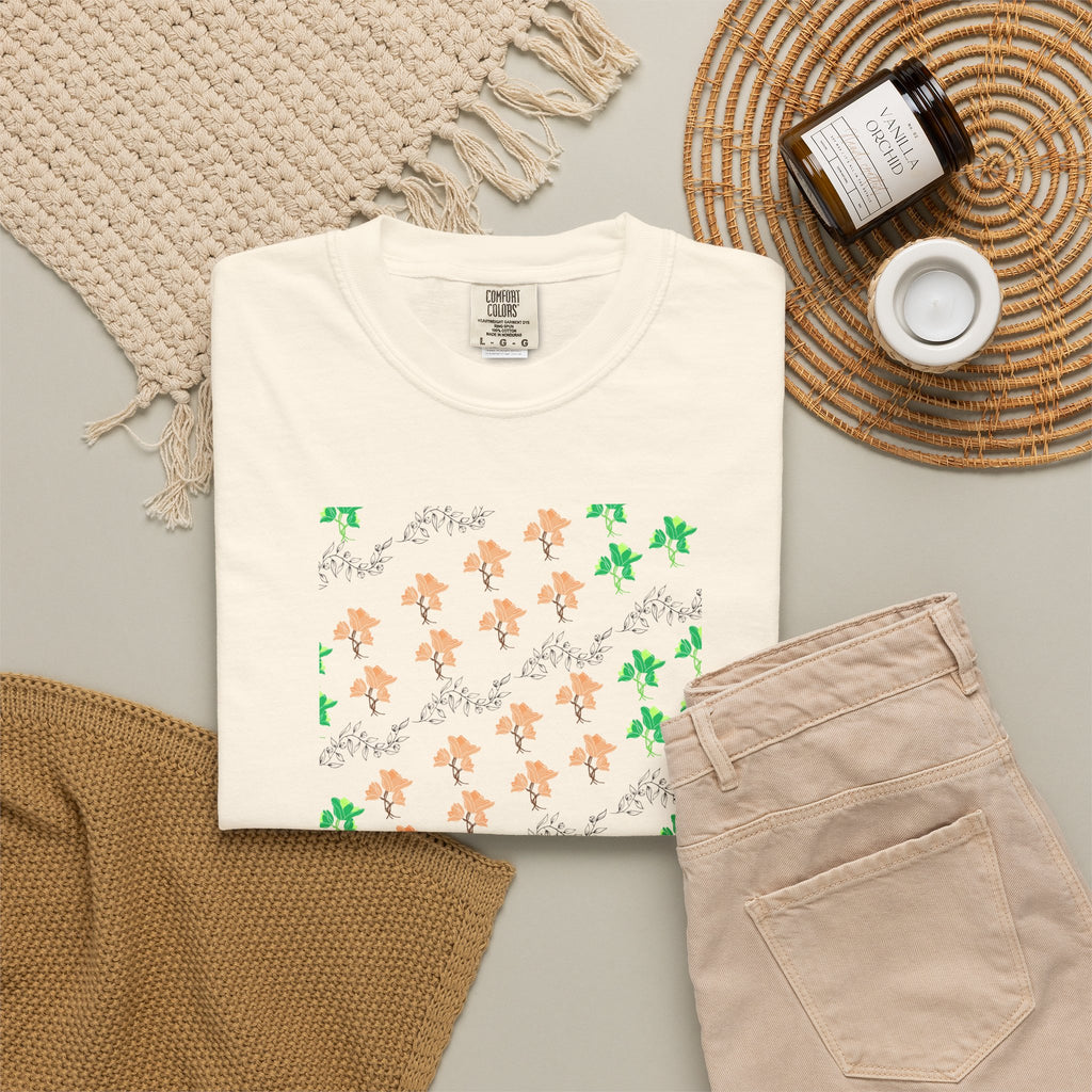 Floral Script T-Shirt — Peach Blossoms & Green Leaves Pattern