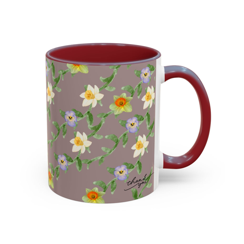 Floral Vine Accent Coffee Mug — Handpainted Daffodil & Violet Pattern (11/15oz)