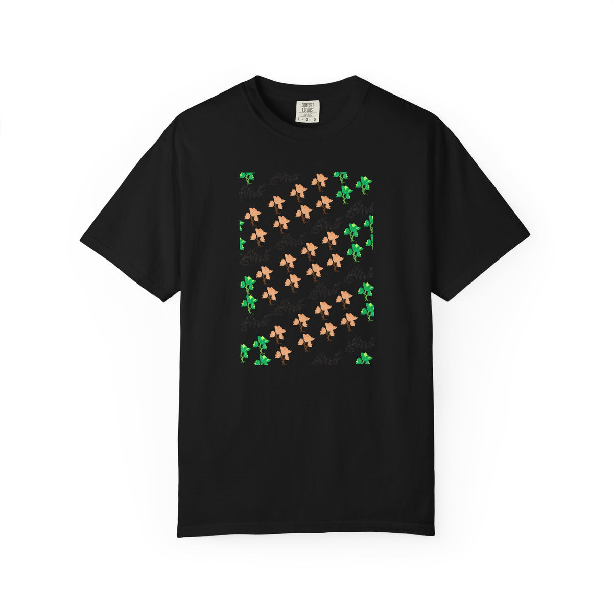 Floral Script T-Shirt — Peach Blossoms & Green Leaves Pattern