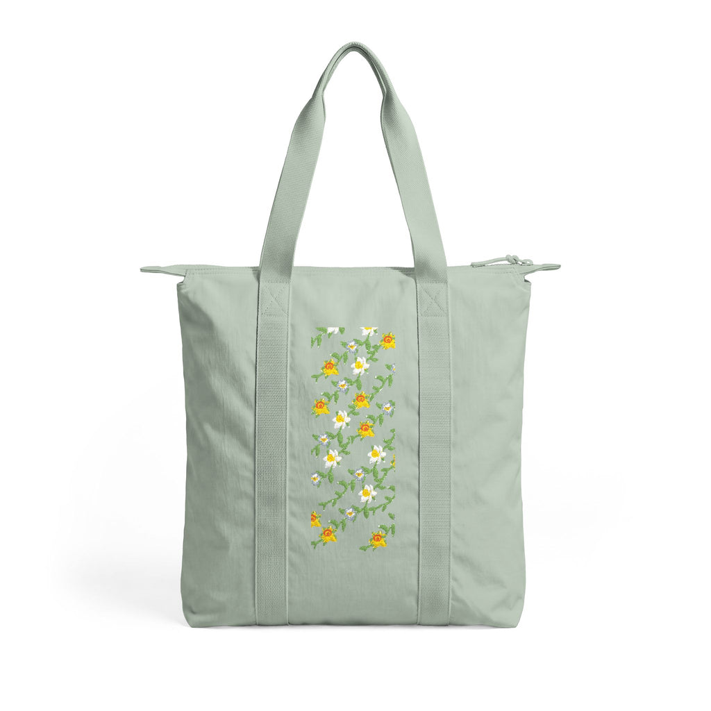 Tote Bag — Black Floral Nomad Carry-All Tote with Vertical Daisy & Marigold Print