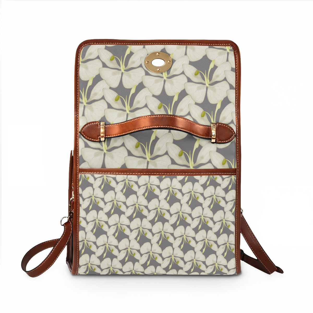 Floral Waterproof Canvas Bag – Gray White Plumeria Print Crossbody Tote