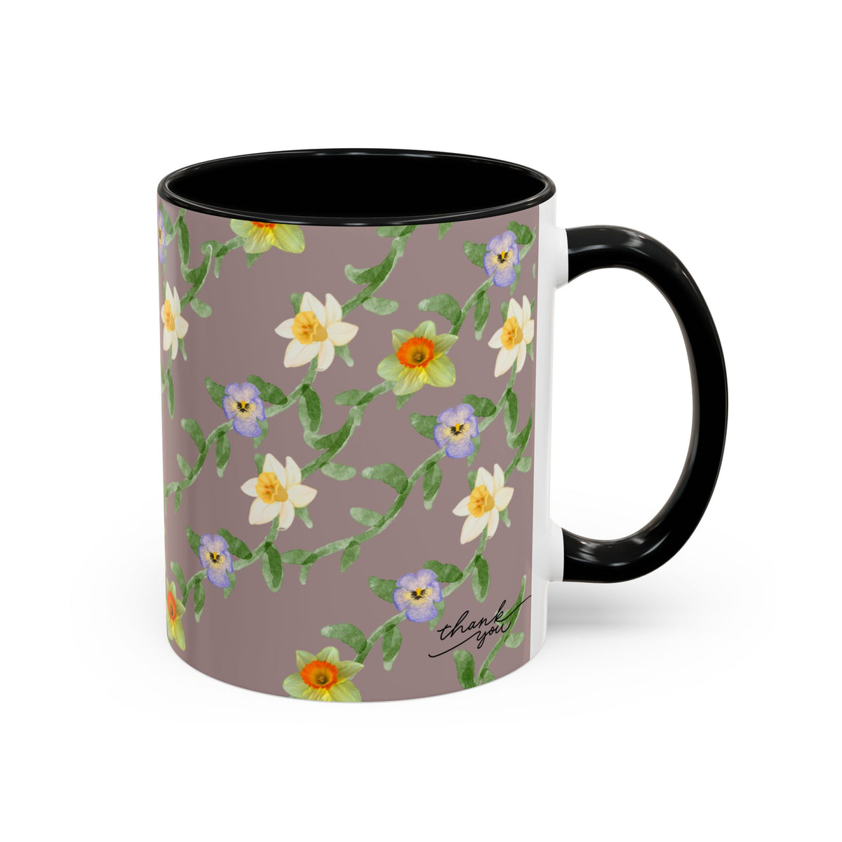 Floral Vine Accent Coffee Mug — Handpainted Daffodil & Violet Pattern (11/15oz)
