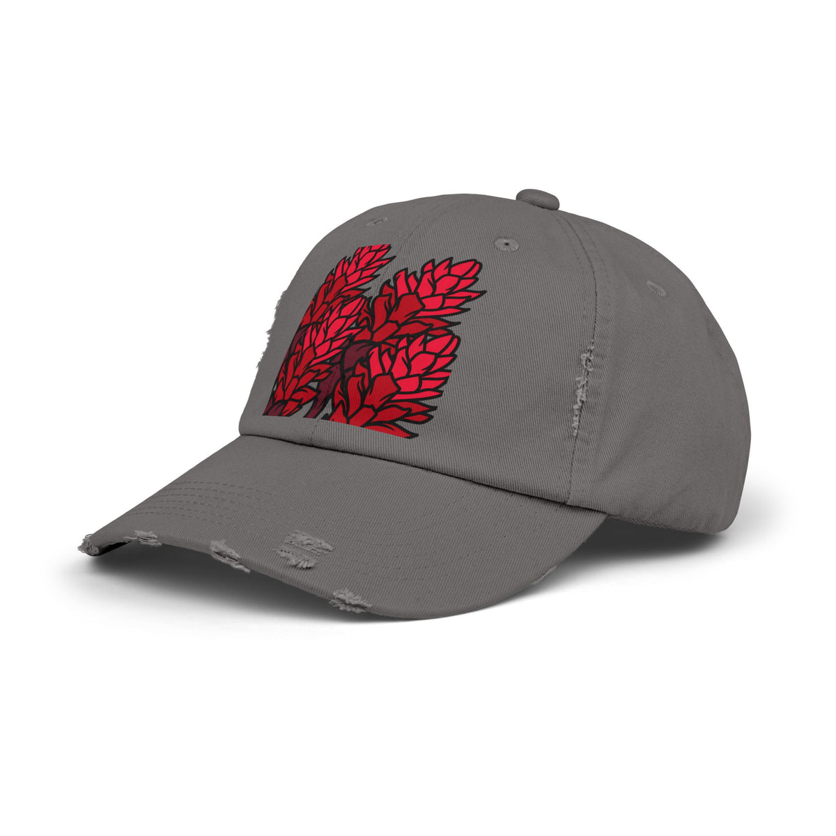 Distressed Black Cap with Red Leaf Patch — Floral Graphic Dad Hat