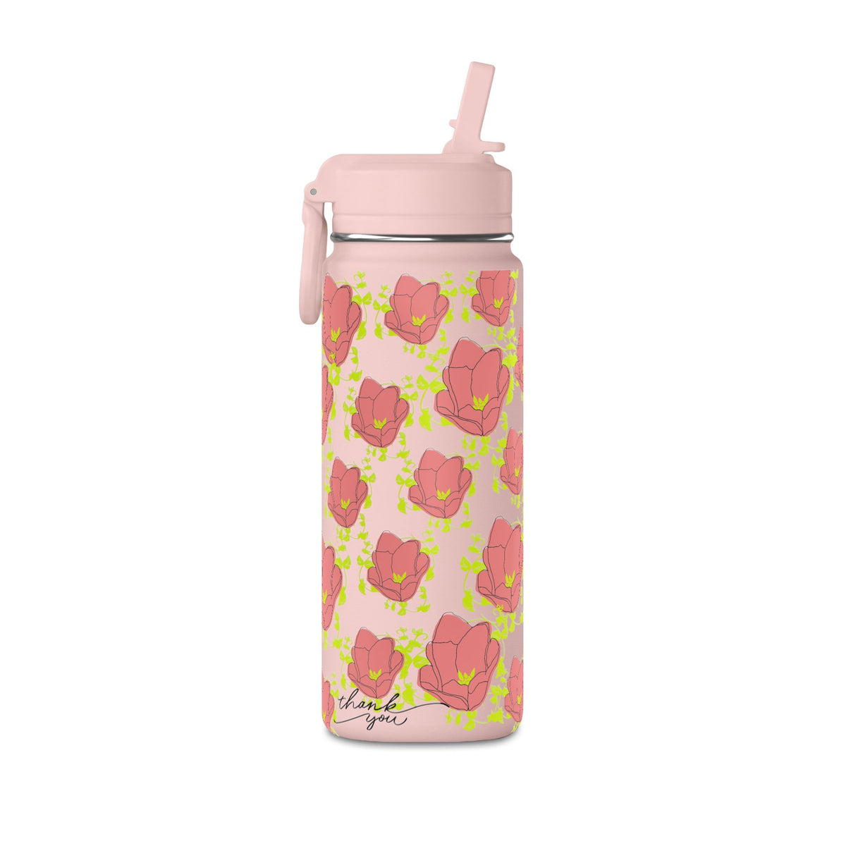 20oz Floral Water Bottle — Pink Poppy Pattern