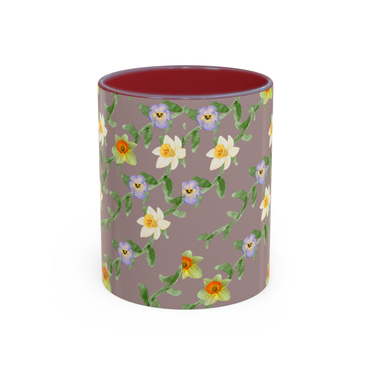 Floral Vine Accent Coffee Mug — Handpainted Daffodil & Violet Pattern (11/15oz)