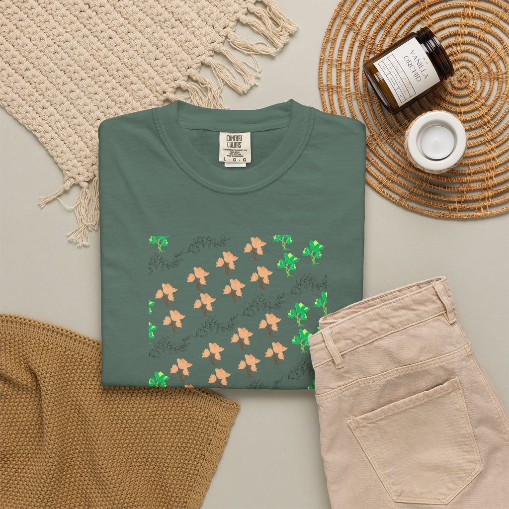 Floral Script T-Shirt — Peach Blossoms & Green Leaves Pattern