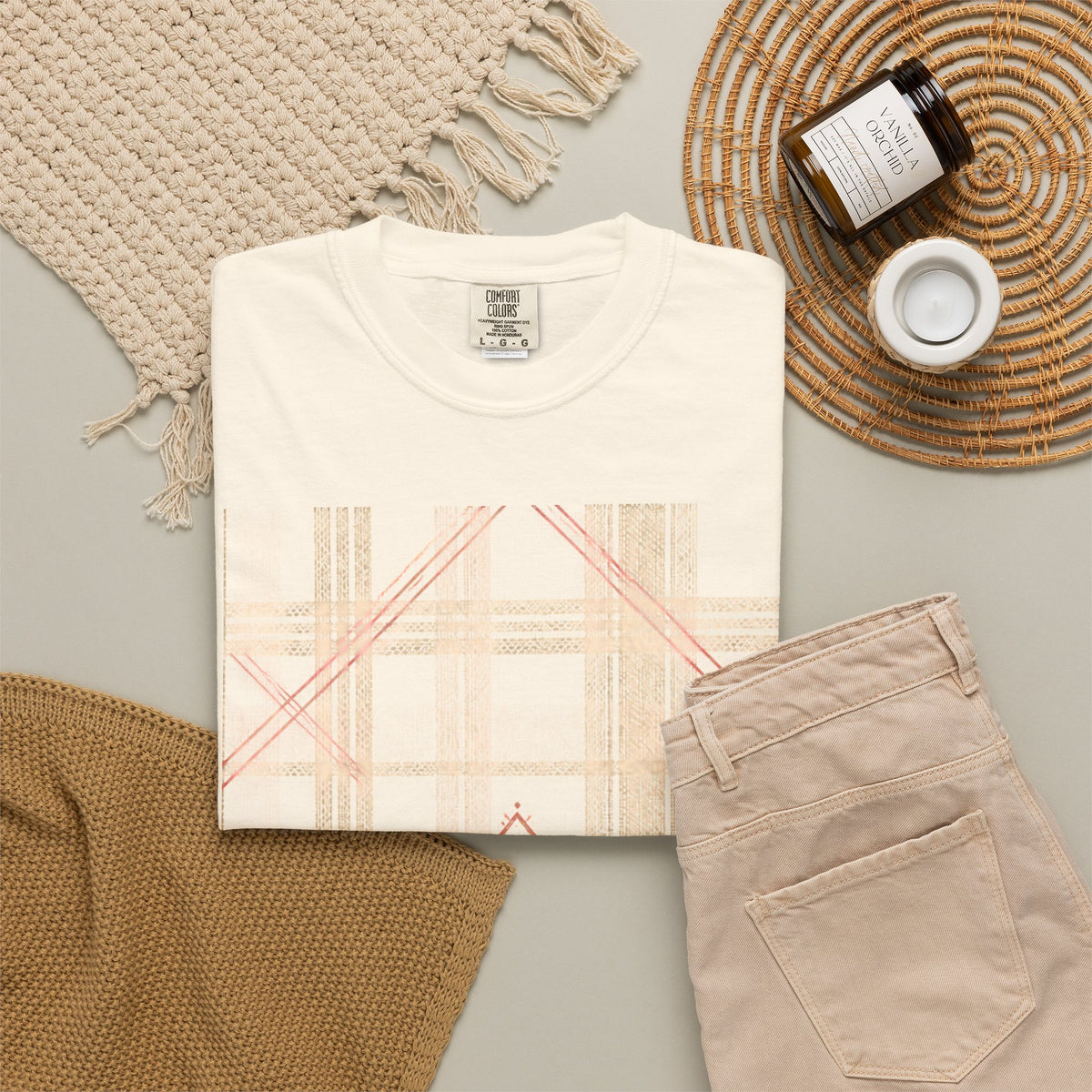Plaid Canvas Graphic T-Shirt — Subtle Peach & Beige Geometric Plaid