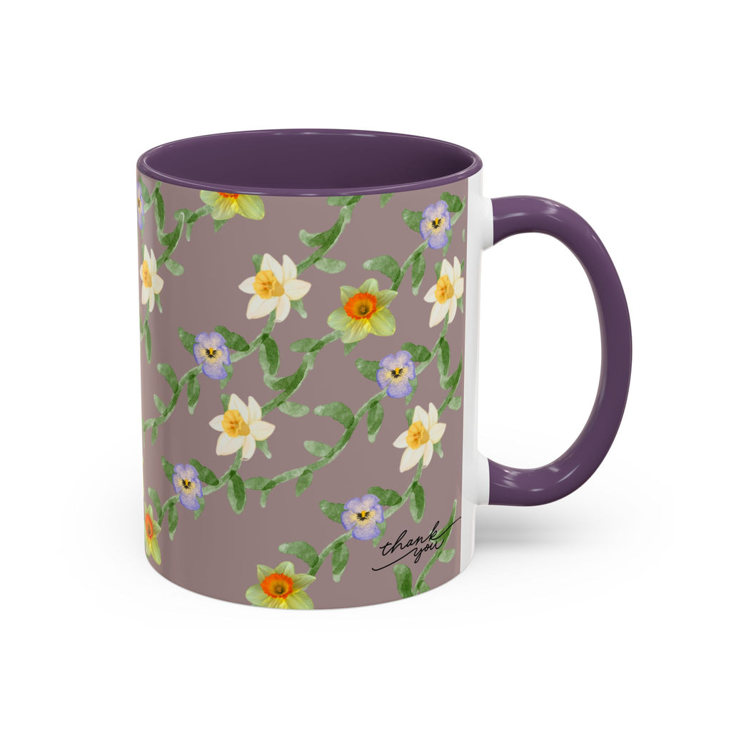 Floral Vine Accent Coffee Mug — Handpainted Daffodil & Violet Pattern (11/15oz)