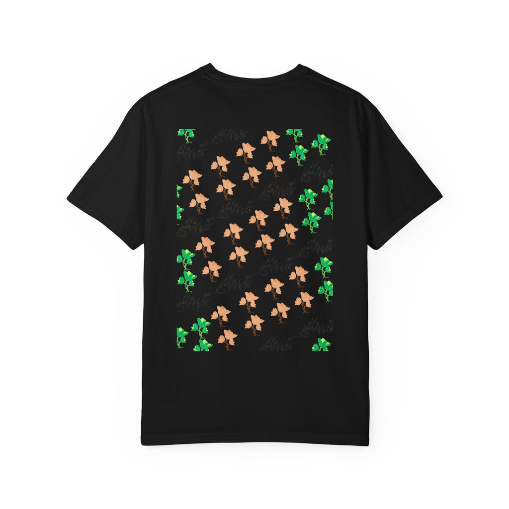 Floral Script T-Shirt — Peach Blossoms & Green Leaves Pattern