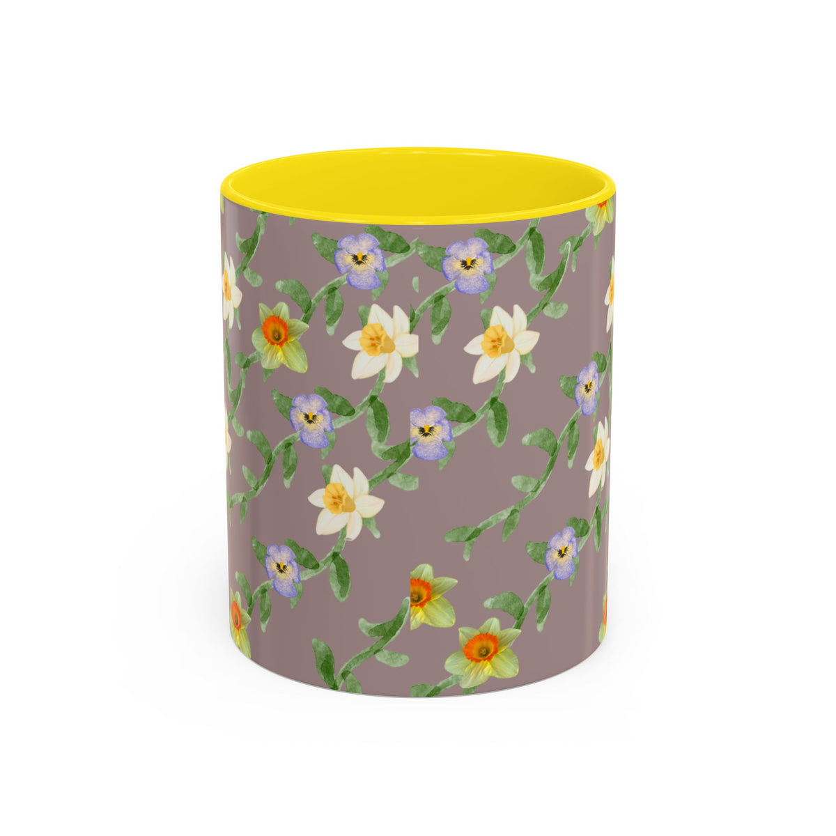 Floral Vine Accent Coffee Mug — Handpainted Daffodil & Violet Pattern (11/15oz)