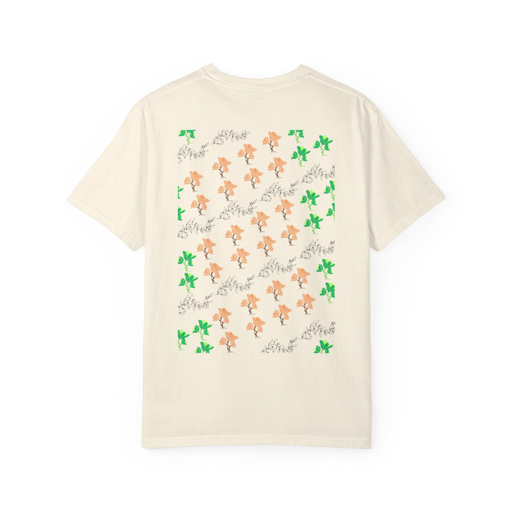 Floral Script T-Shirt — Peach Blossoms & Green Leaves Pattern