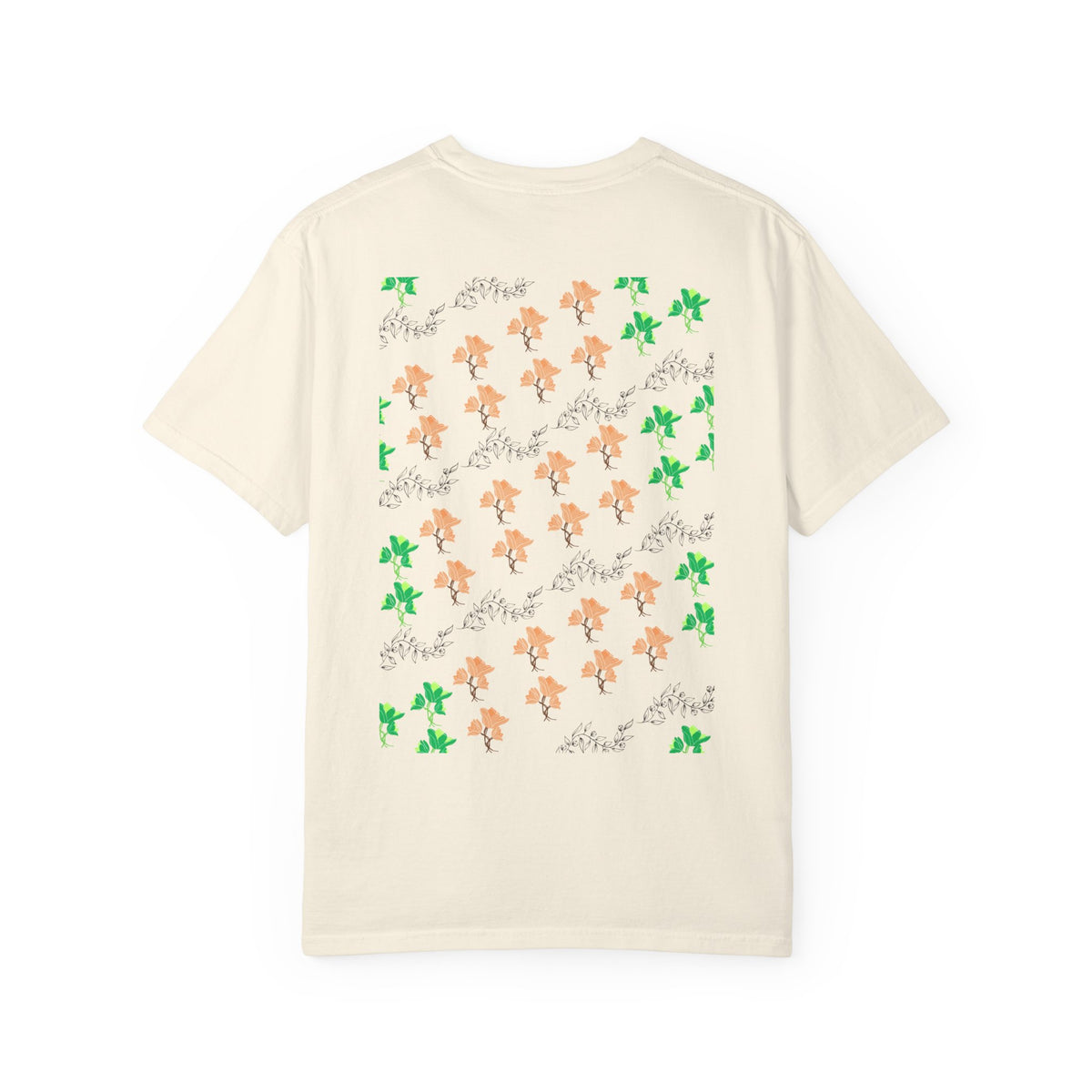 Floral Script T-Shirt — Peach Blossoms & Green Leaves Pattern