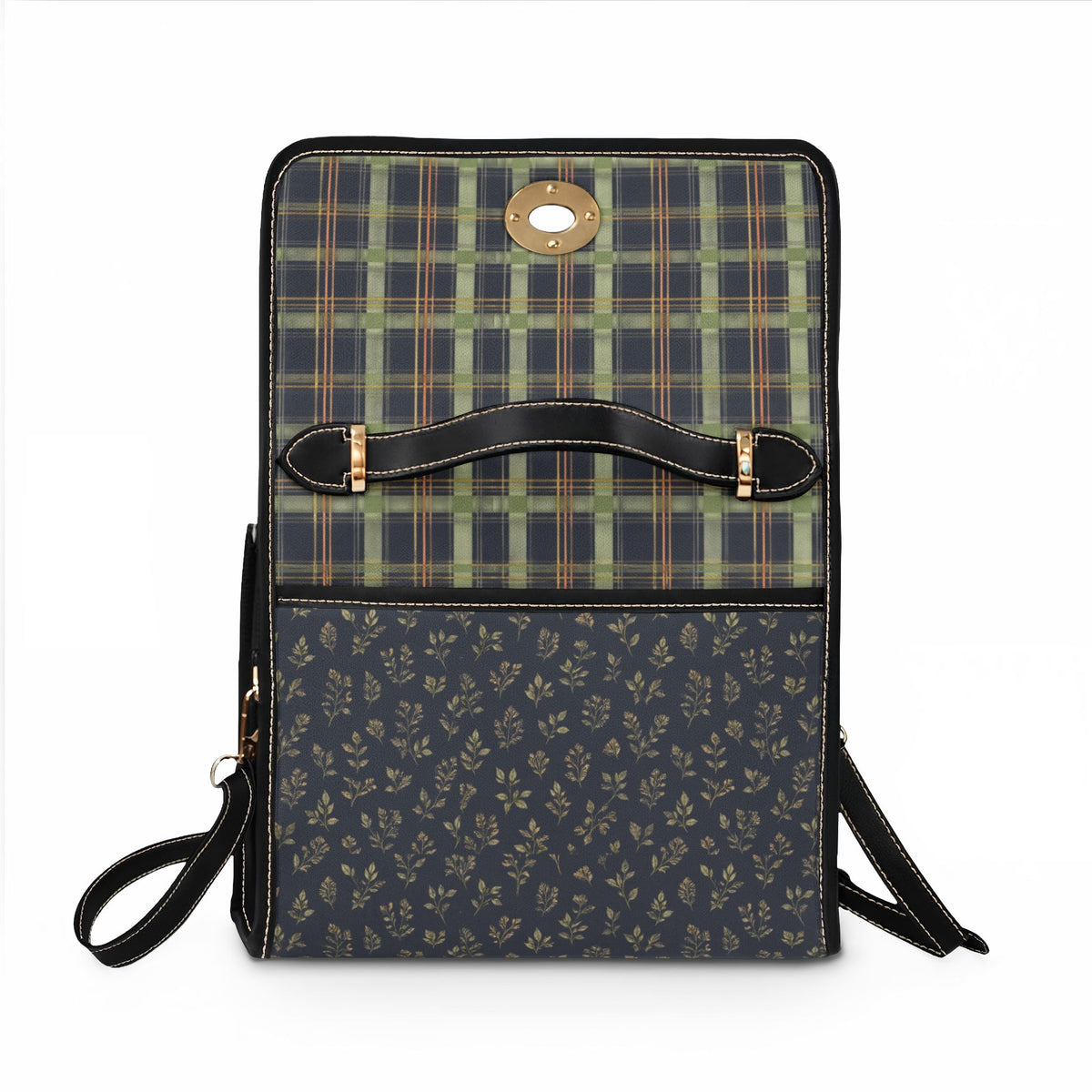 Waterproof Canvas Satchel — Green Plaid & Floral Print Tote Bag