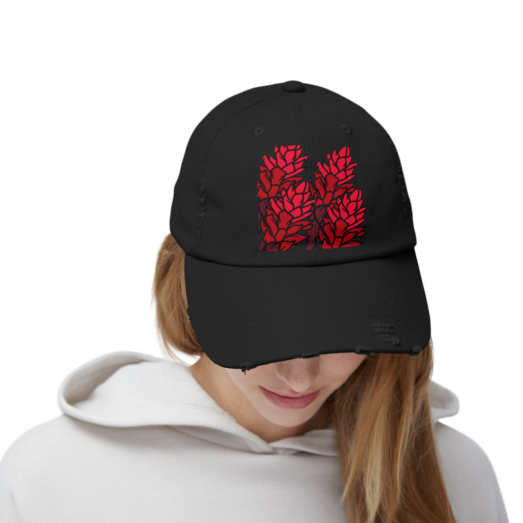 Distressed Black Cap with Red Leaf Patch — Floral Graphic Dad Hat