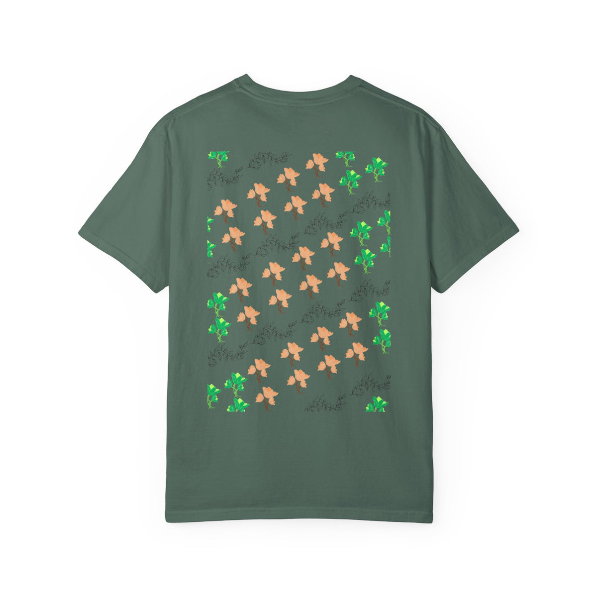 Floral Script T-Shirt — Peach Blossoms & Green Leaves Pattern