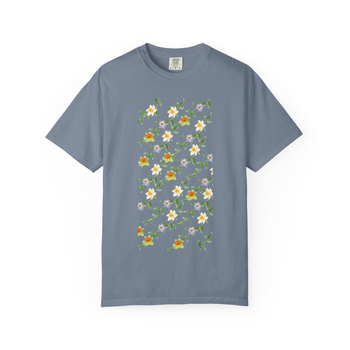 Floral Vine Pattern T-Shirt — Yellow & Purple Blossom Graphic Tee