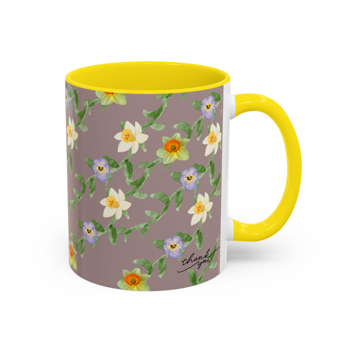 Floral Vine Accent Coffee Mug — Handpainted Daffodil & Violet Pattern (11/15oz)