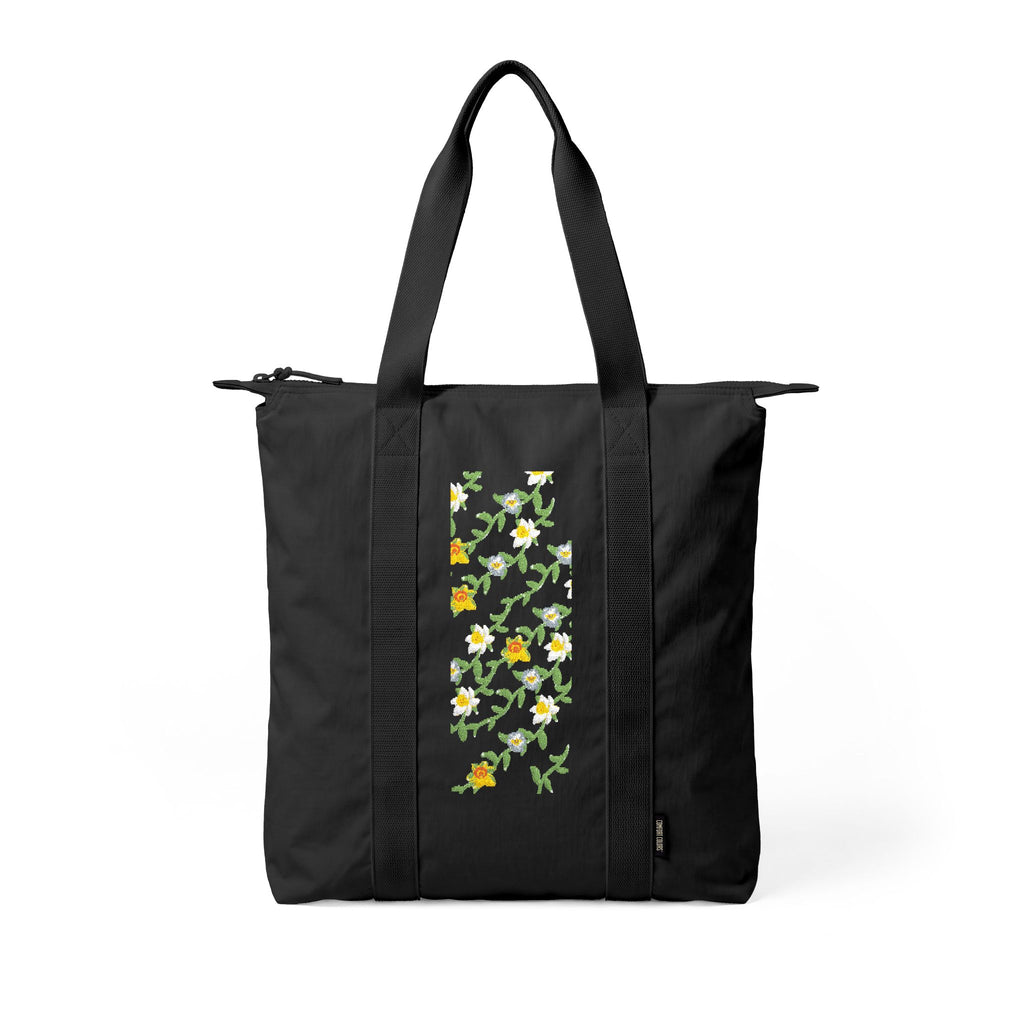 Tote Bag — Black Floral Nomad Carry-All Tote with Vertical Daisy & Marigold Print