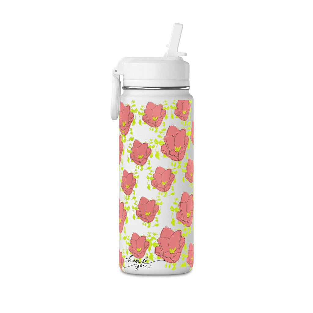 20oz Floral Water Bottle — Pink Poppy Pattern