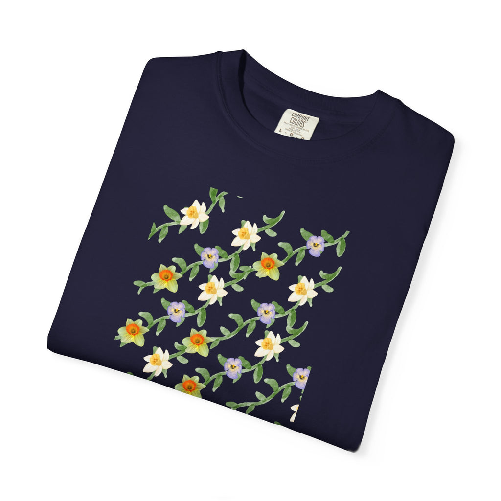 Floral Vine Pattern T-Shirt — Yellow & Purple Blossom Graphic Tee