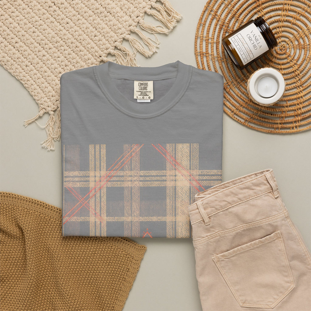 Plaid Canvas Graphic T-Shirt — Subtle Peach & Beige Geometric Plaid