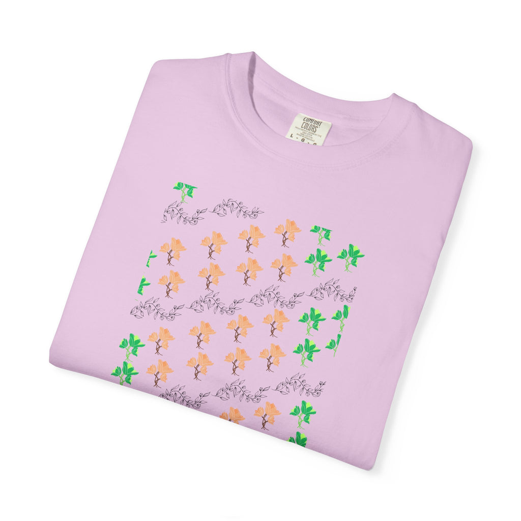 Floral Script T-Shirt — Peach Blossoms & Green Leaves Pattern