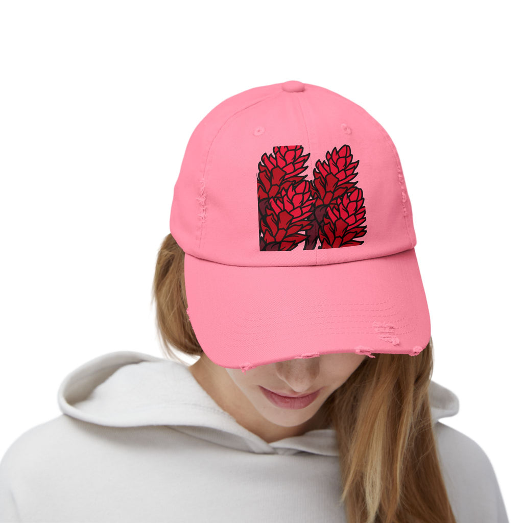 Distressed Black Cap with Red Leaf Patch — Floral Graphic Dad Hat