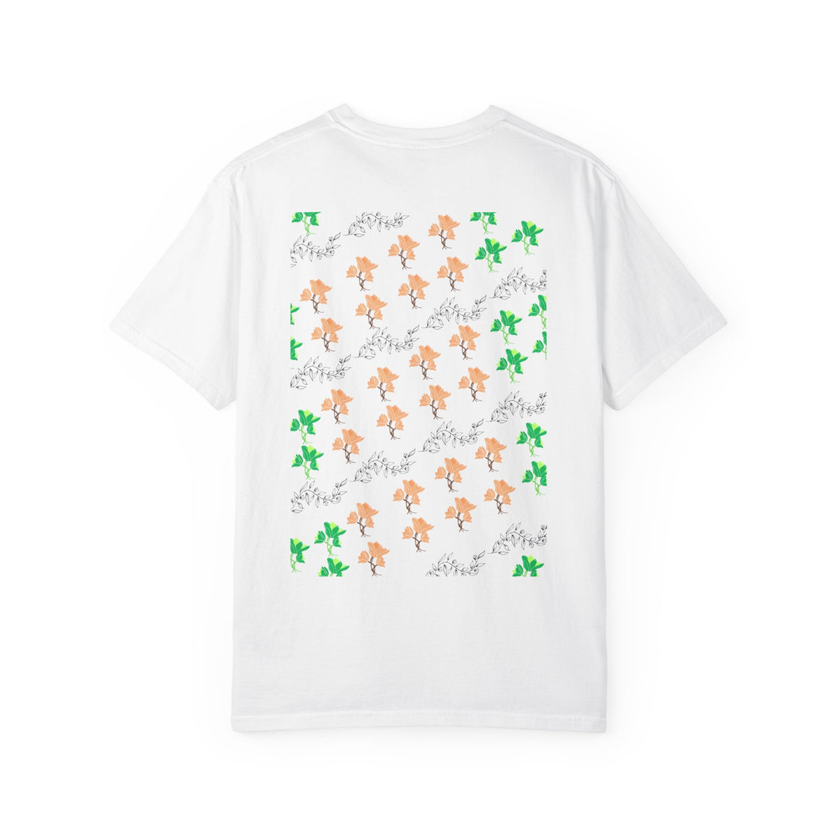 Floral Script T-Shirt — Peach Blossoms & Green Leaves Pattern