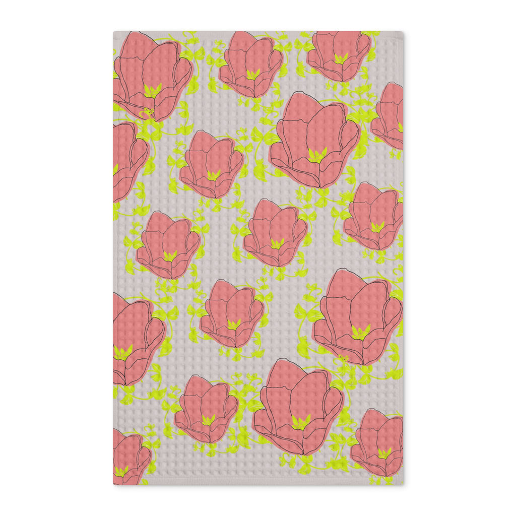 Floral Waffle Tea Towel — Pink Tulip Double-Sided Kitchen Towel