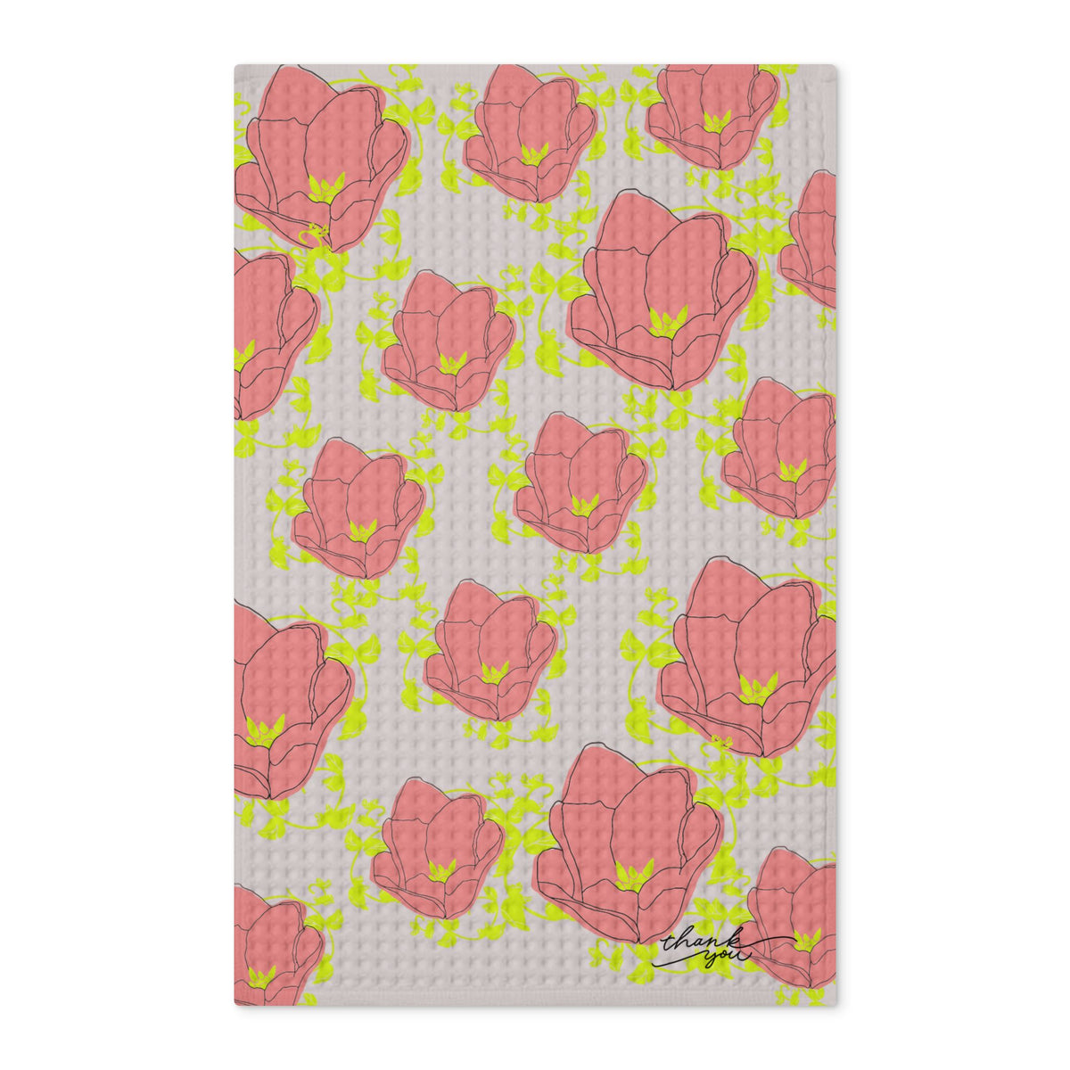 Floral Waffle Tea Towel — Pink Tulip Double-Sided Kitchen Towel