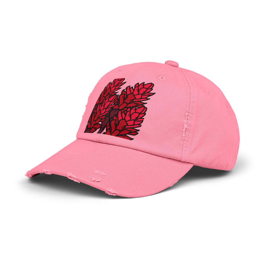 Distressed Black Cap with Red Leaf Patch — Floral Graphic Dad Hat