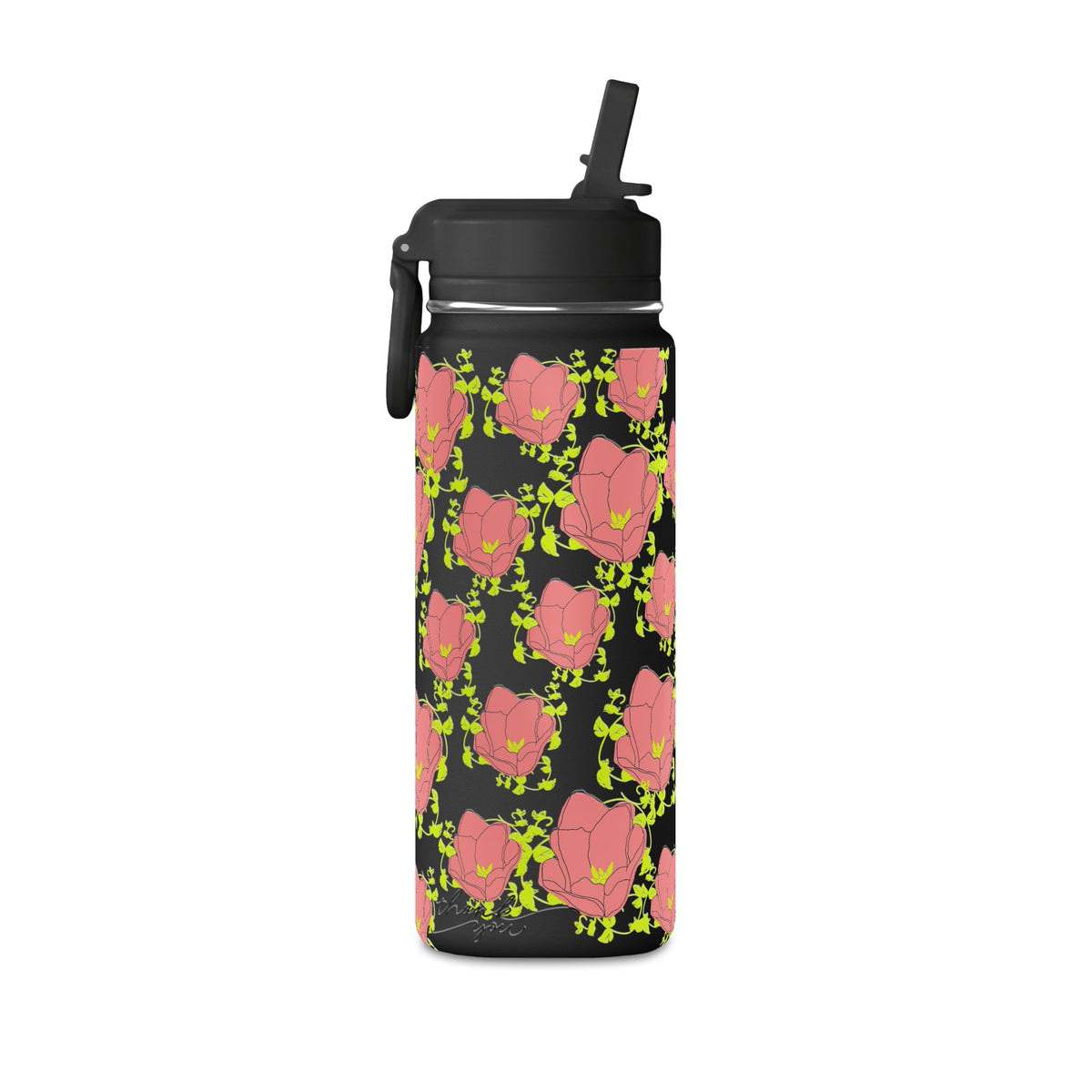 20oz Floral Water Bottle — Pink Poppy Pattern