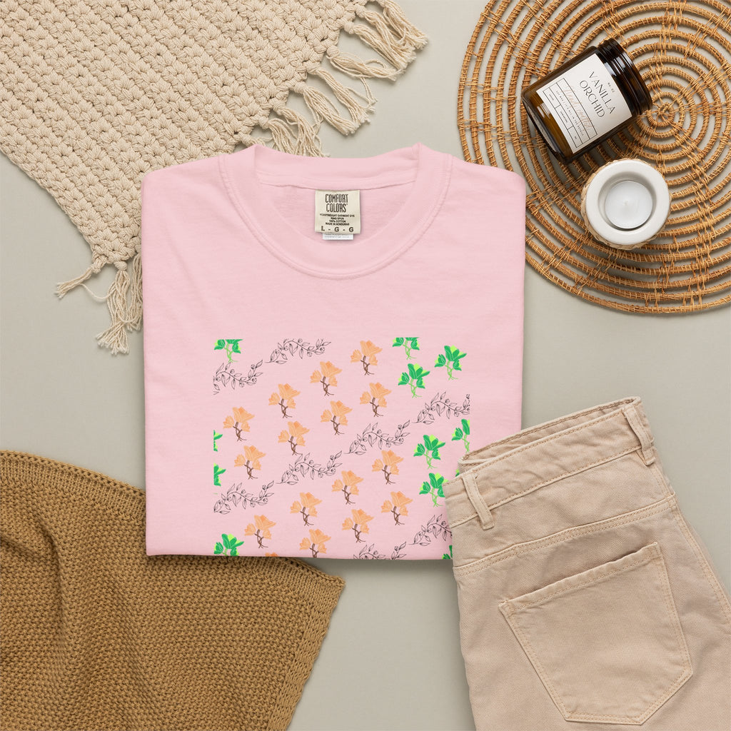 Floral Script T-Shirt — Peach Blossoms & Green Leaves Pattern