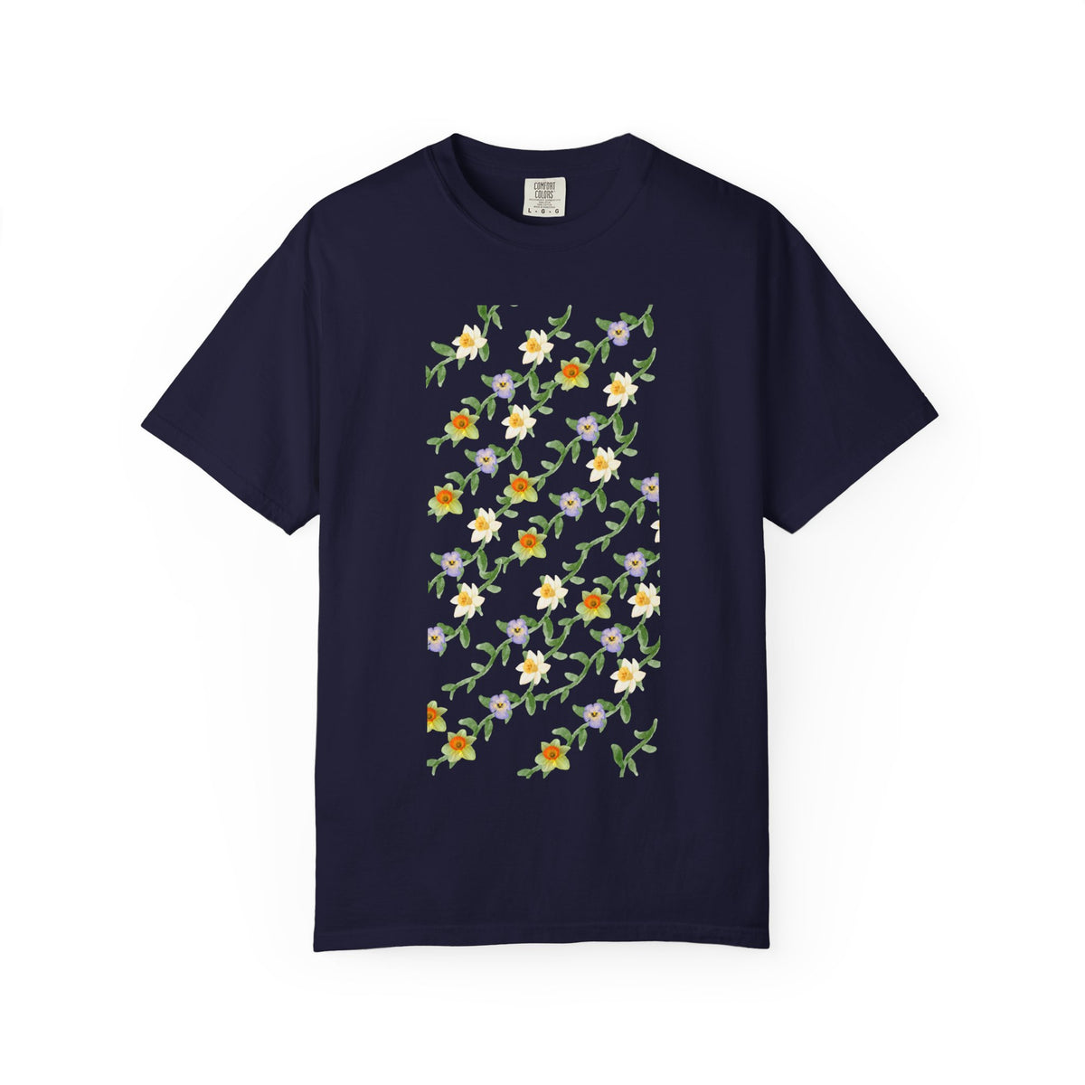 Floral Vine Pattern T-Shirt — Yellow & Purple Blossom Graphic Tee