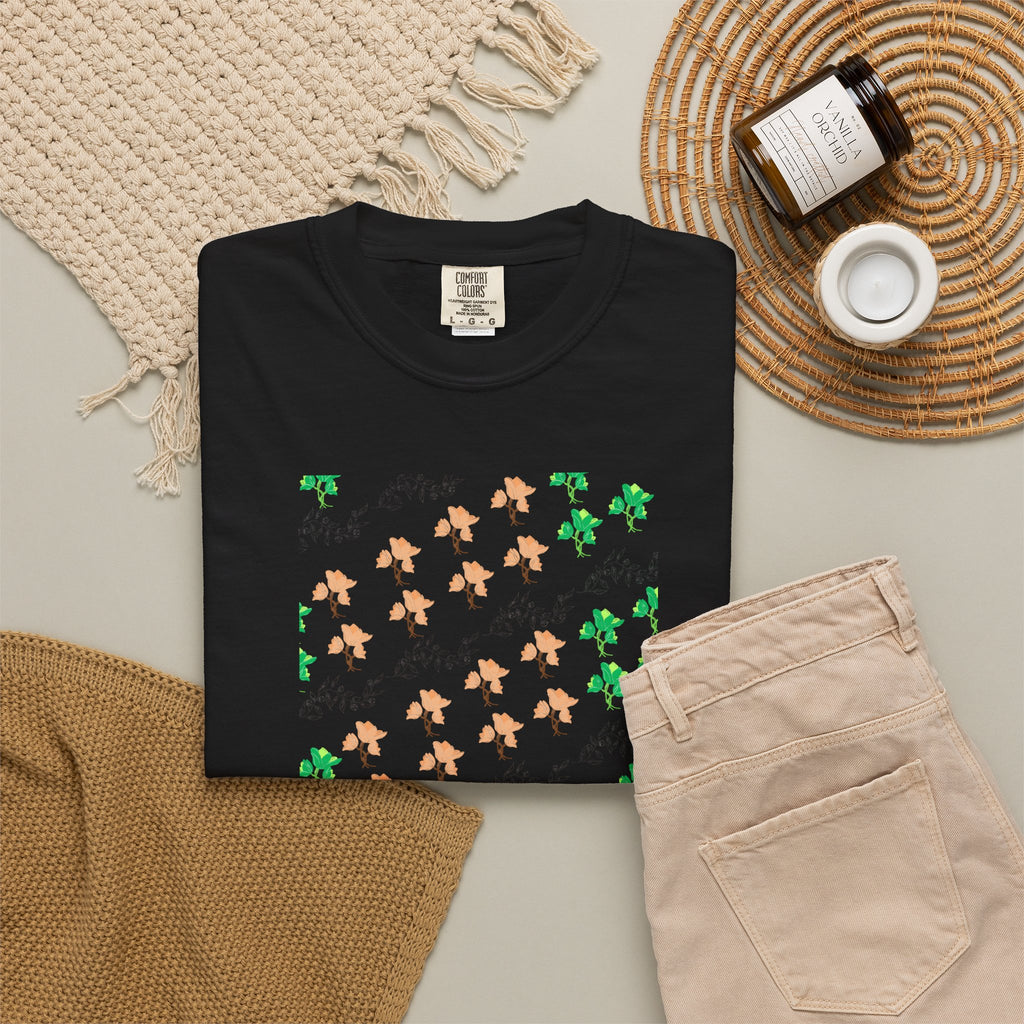 Floral Script T-Shirt — Peach Blossoms & Green Leaves Pattern