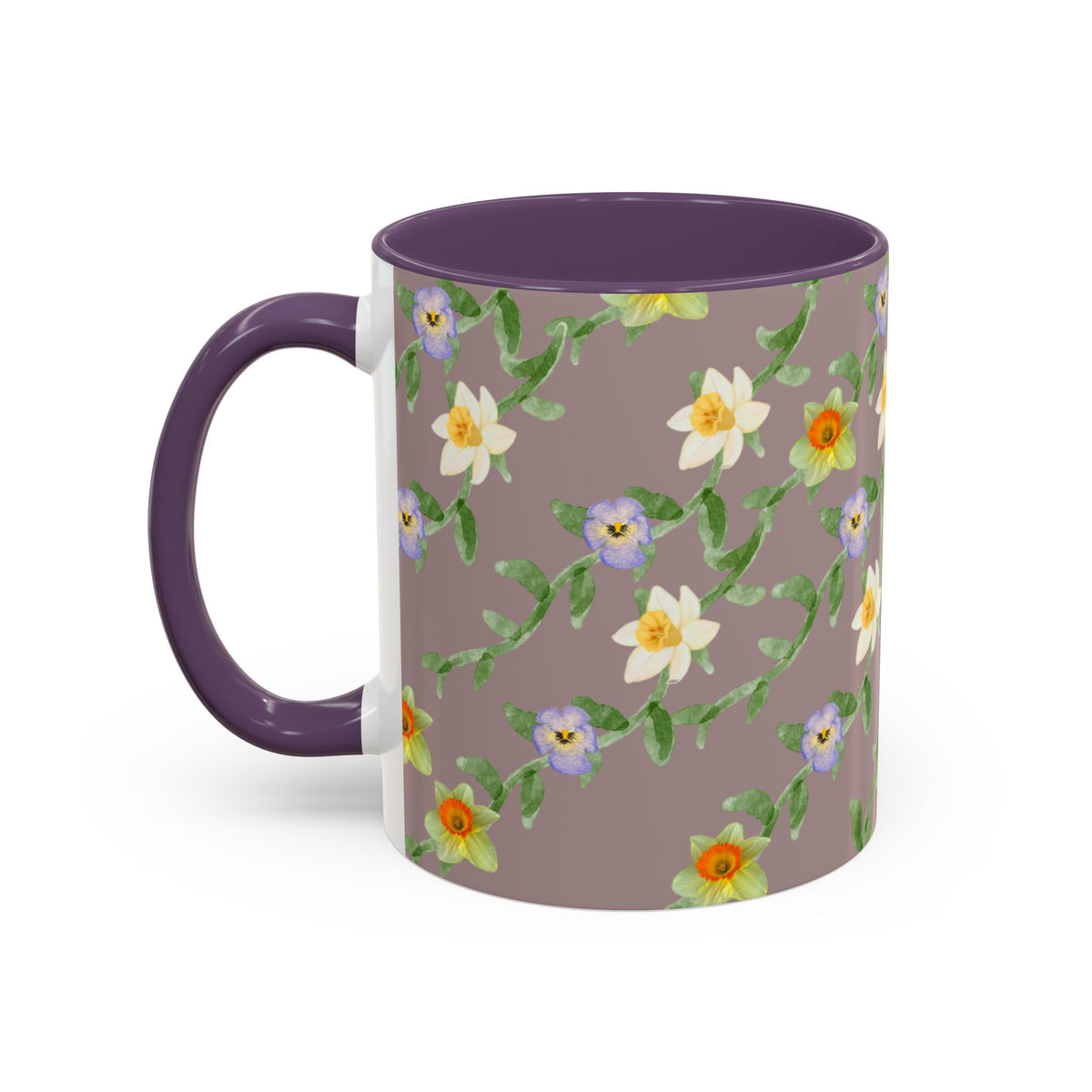 Floral Vine Accent Coffee Mug — Handpainted Daffodil & Violet Pattern (11/15oz)