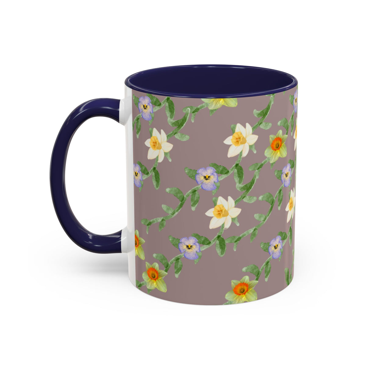 Floral Vine Accent Coffee Mug — Handpainted Daffodil & Violet Pattern (11/15oz)